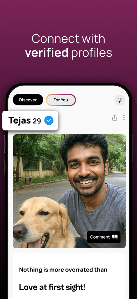 A verified user profile on the Aisle dating app showing a 29-year-old man named Tejas with his dog