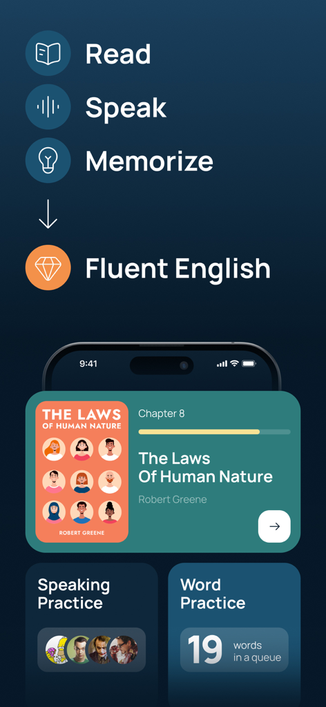 Storist: Read & Speak English - Storist app interface displaying the Read Speak Memorize learning methodology for fluent English with a book cover and practice features