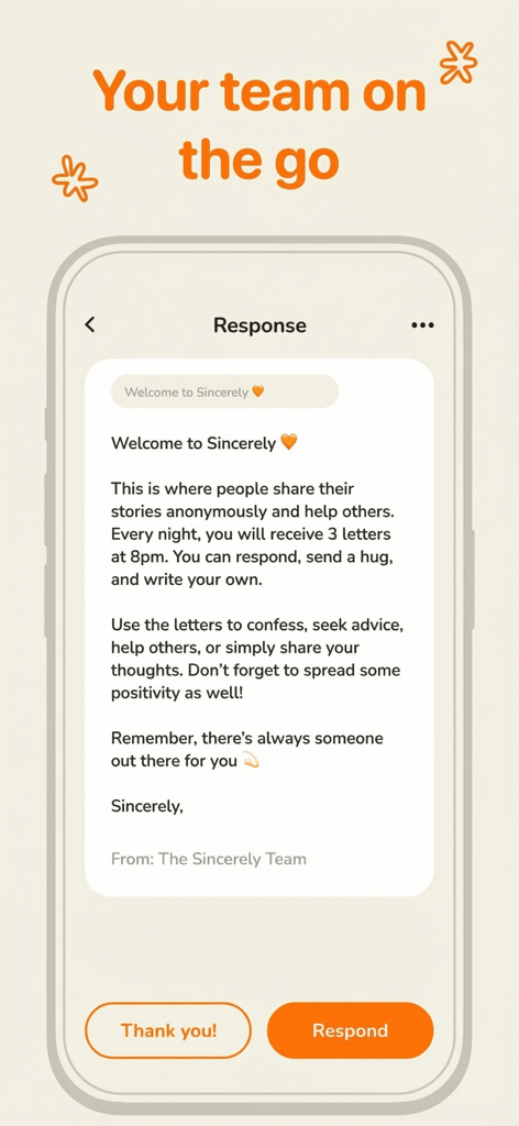 A welcome letter in the Sincerely app interface explaining how to share stories anonymously and receive nightly letters
