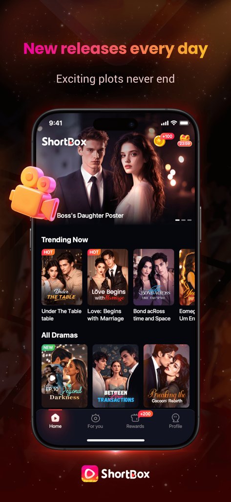 Pantalla de inicio de la aplicación ShortBox con dramas cortos de moda y nuevos lanzamientos diarios.