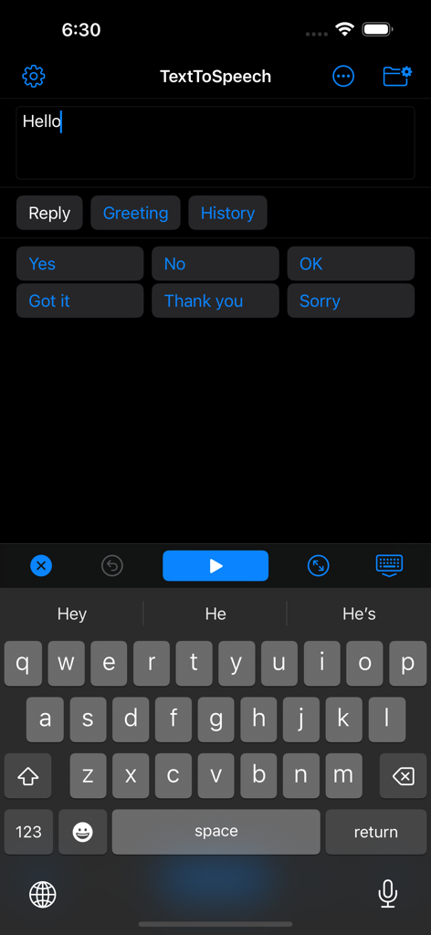 Text To Speech - Read Aloud - Interface of the Text to Speech app in dark mode featuring preset response buttons like Yes and Thank You.
