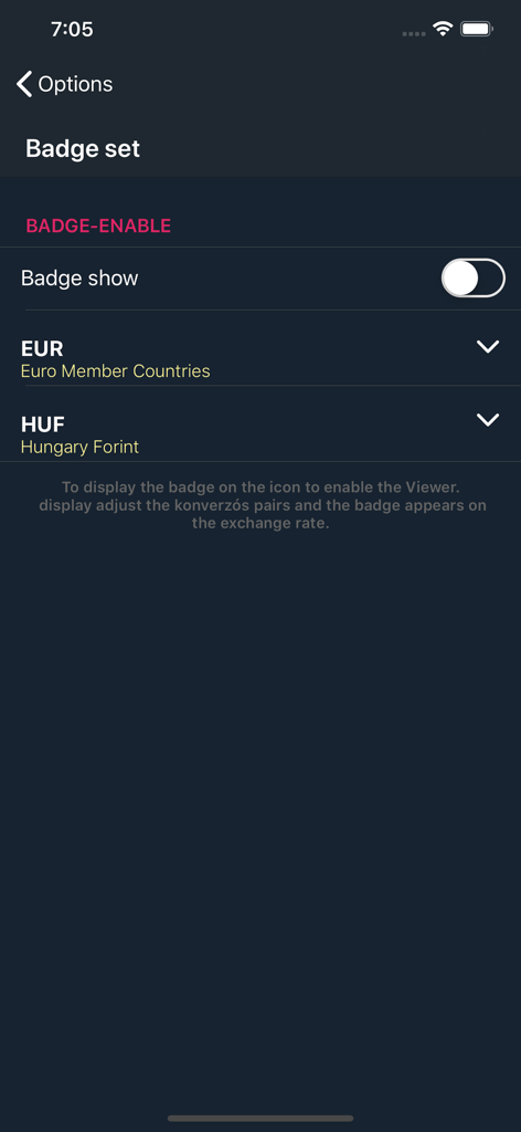 iCurrency Exchange Pro - Badge settings screen in iCurrency Exchange Pro showing currency selection for Euro and Hungarian Forint