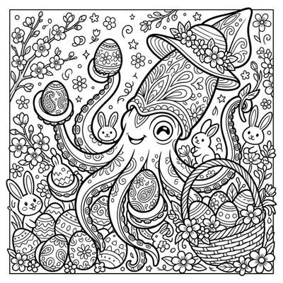 Get ready for an egg-cellent adventure with this unique Easter coloring page! A charming colossal squid, adorned with a floral hat, joins the festive fun amidst bunnies, decorated eggs, and beautiful spring blooms.