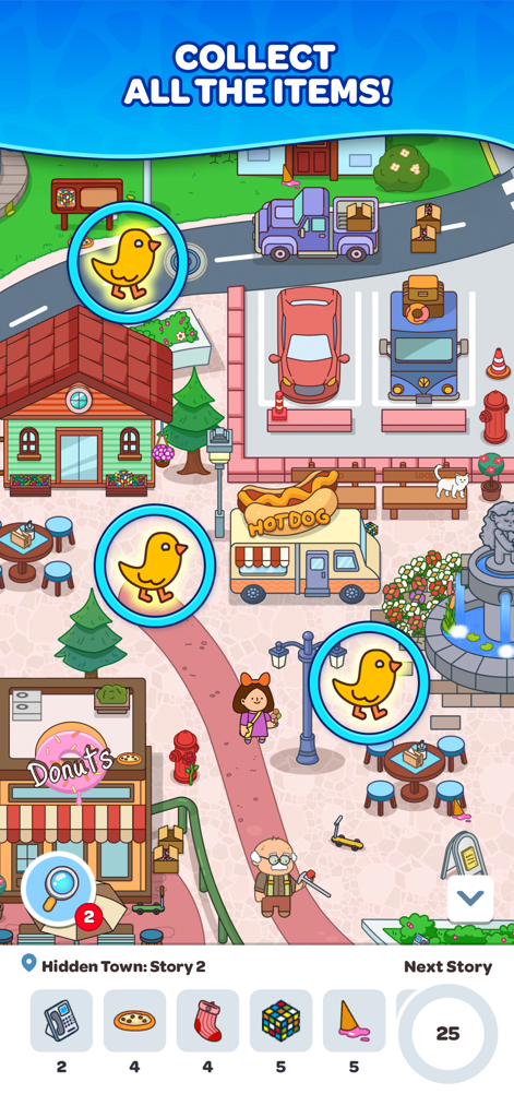 Hidden Tales - Find Objects! - Une scène de ville animée dans Hidden Tales où les joueurs recherchent des objets cachés comme des canards jaunes et des éléments de puzzle.