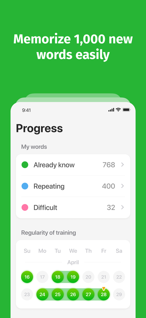 Fortschritts-Dashboard der Bright Arabic App, das Vokabelstatistiken und einen Kalender für die tägliche Trainingshäufigkeit zeigt
