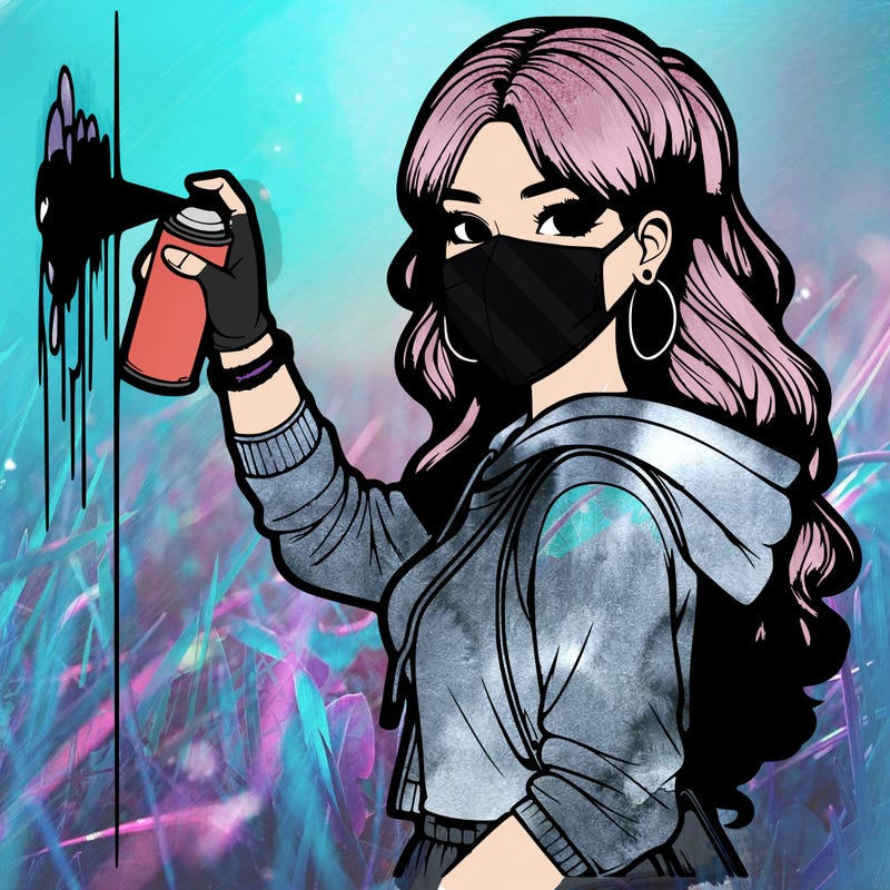 realistic girl with mask spray painting a wall