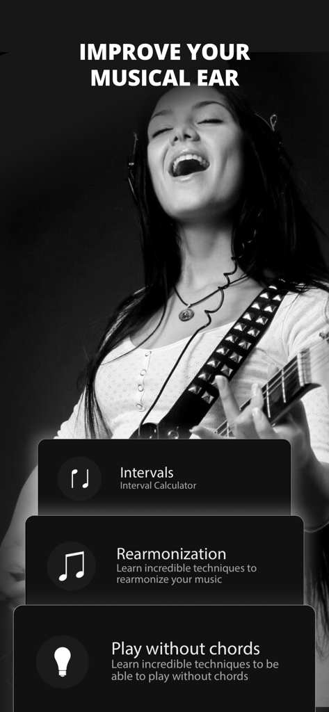 Musical Chord - A woman playing guitar and singing with app options for music intervals and reharmonization