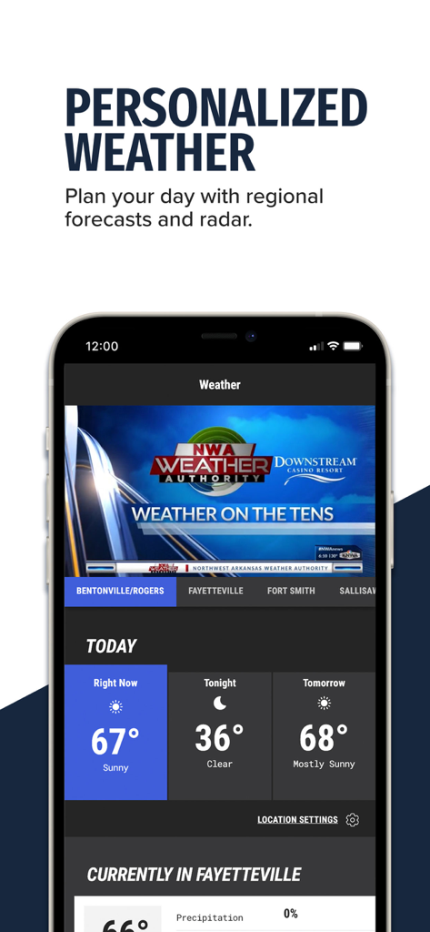 Screenshot of the KNWA and FOX24 app showing personalized local weather forecasts and regional radar for Northwest Arkansas.