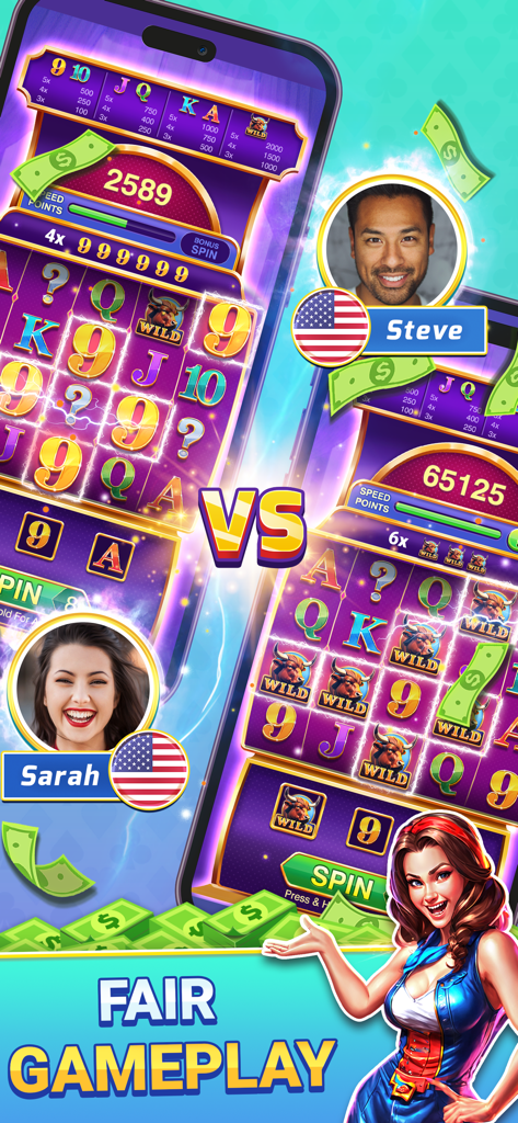 Real Slots: Win Real Money - Two players competing head to head in a mobile slot game featuring a fair gameplay guarantee.