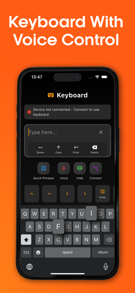 Fire TV Remote - Fire Stick - Tela do iPhone mostrando a interface de teclado e controle de voz do aplicativo Fire TV remote para fácil entrada de texto.