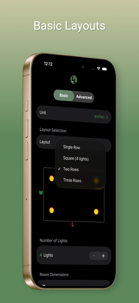 Interface of Lumen Layout app showing basic mode configuration for a two-row recessed lighting layout on an iPhone