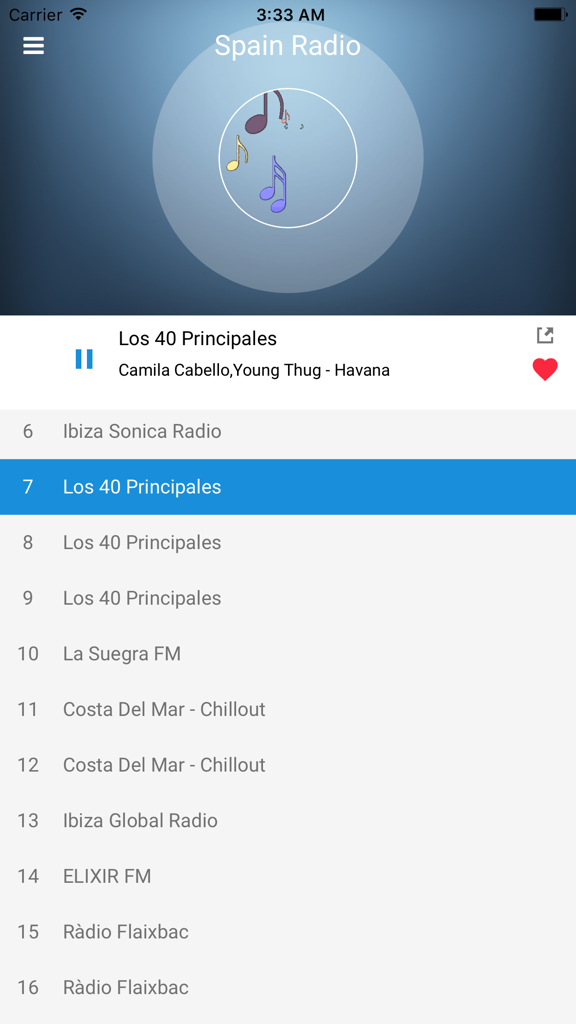 Oberfläche der Spain Radio App, die eine Liste spanischer FM-Sender anzeigt, darunter Los 40 Principales und Ibiza Sonica Radio.