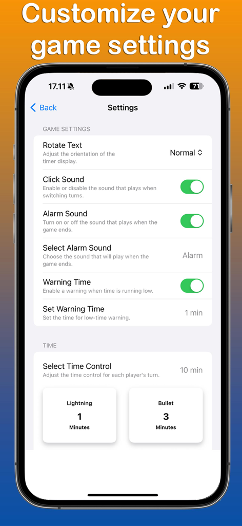 Chess Timer - Clock ™ - Pantalla de configuración de la aplicación Chess Timer que muestra opciones para sonidos de juego y ajustes preestablecidos de control de tiempo como Lightning y Bullet