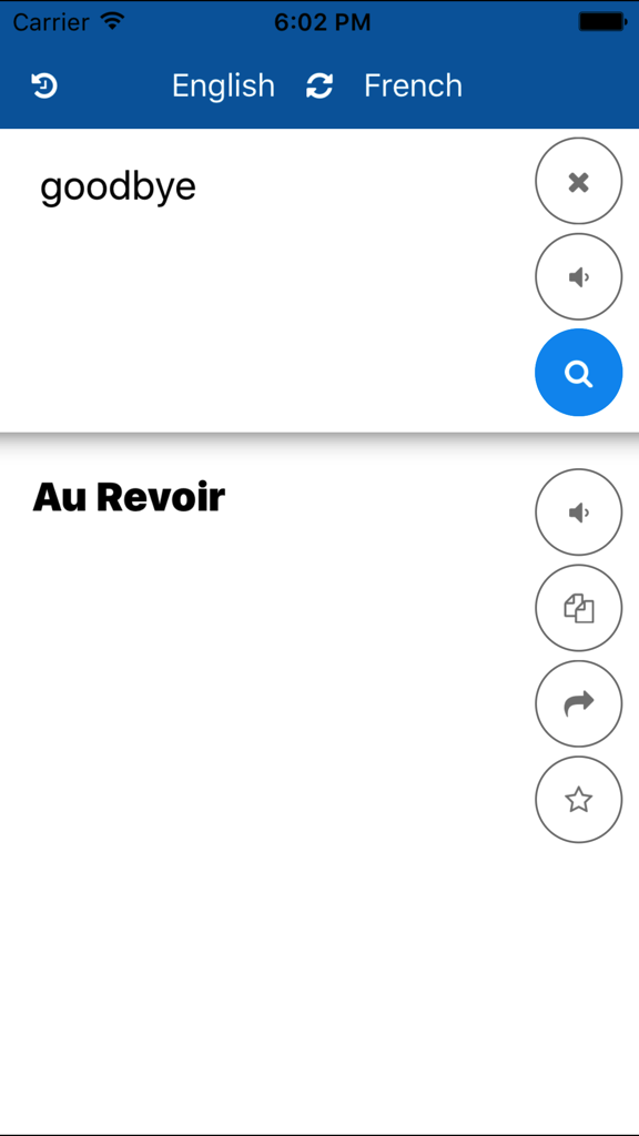 English to French translation of the word goodbye in a mobile app interface
