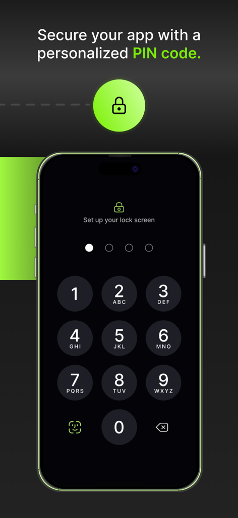 Mira - Smartphone screen showing the setup of a personalized PIN code to secure the Mira app