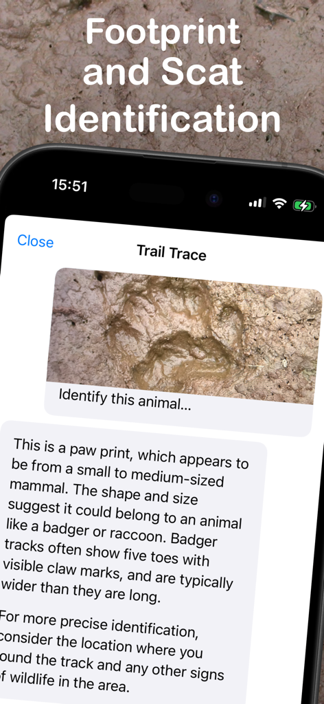Trail Trace - Animal Tracker - Trail Trace app interface showing the identification of an animal paw print in mud