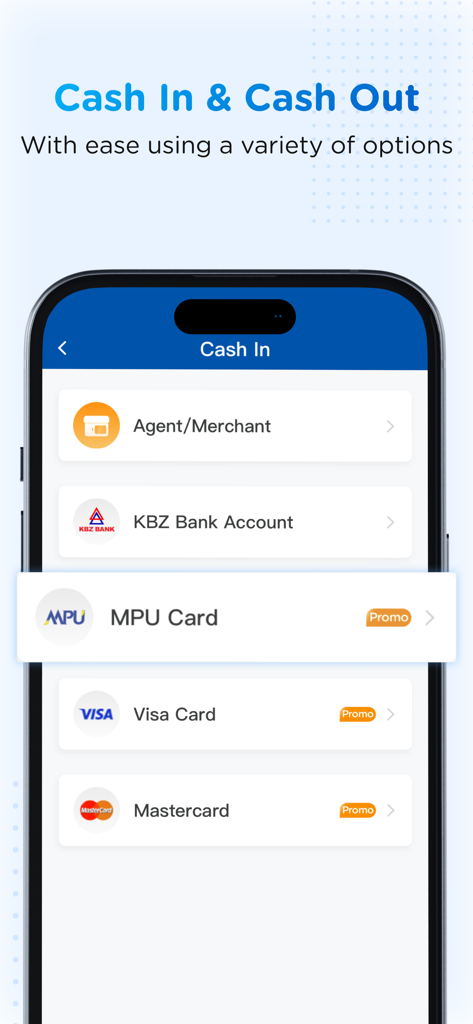 KBZPay Customer - Screenshot of the KBZPay Customer app showing various cash in methods including KBZ Bank Account, Visa, and Mastercard