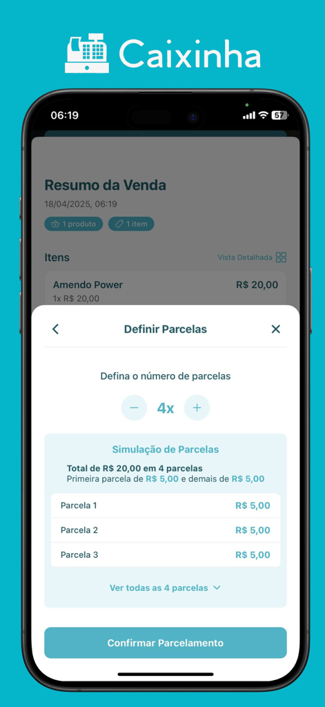 Captura de tela do aplicativo Caixinha mostrando como configurar pagamentos parcelados para um resumo de venda.