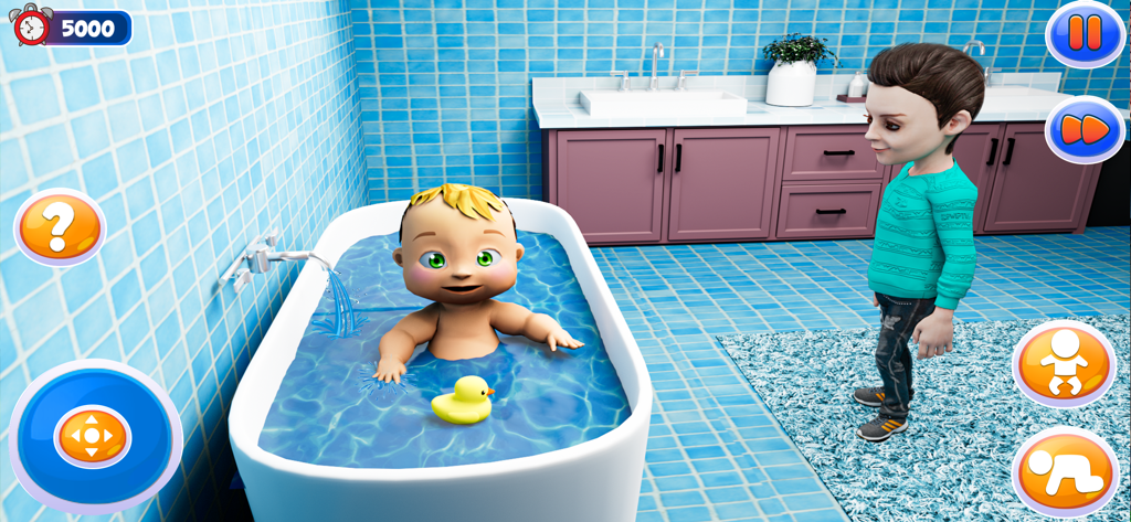 Ein virtuelles Baby sitzt in einer Badewanne mit einer gelben Gummiente, während ein Bruder in einem blau gefliesten Badezimmer zusieht.