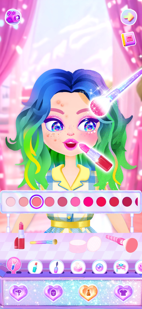 Applying makeup and lipstick to a character with colorful hair in a beauty salon game