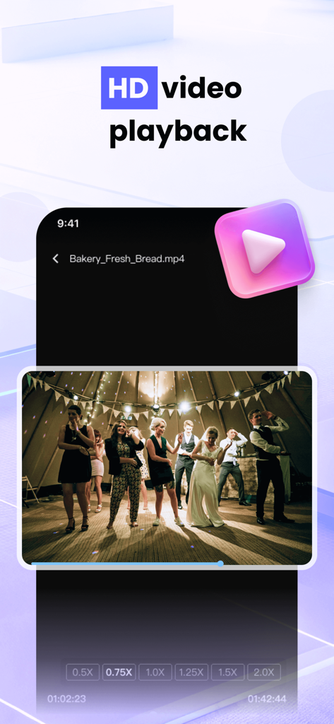 Screenshot of VideLyy app showing HD video playback of people dancing at a wedding with playback speed controls.