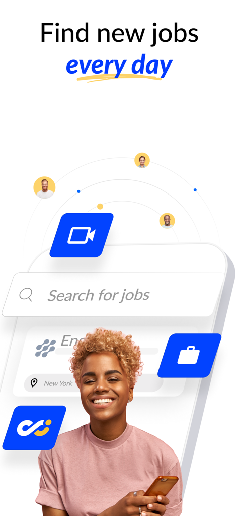 Plooral: Career & Jobs - A smiling young professional woman using her smartphone to find new jobs every day on the Plooral app.