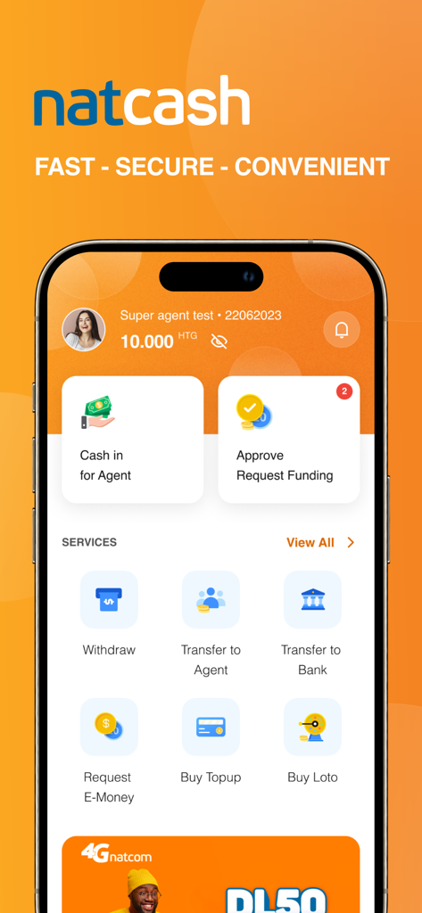 Pantalla de inicio de la aplicación Agente Natcash mostrando servicios financieros y saldo de cuenta