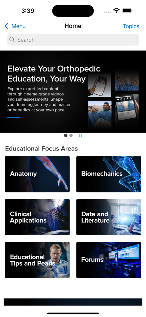 OrthoPedia Academics - OrthoPedia Academics app home screen showing orthopedic education focus areas including anatomy and biomechanics.