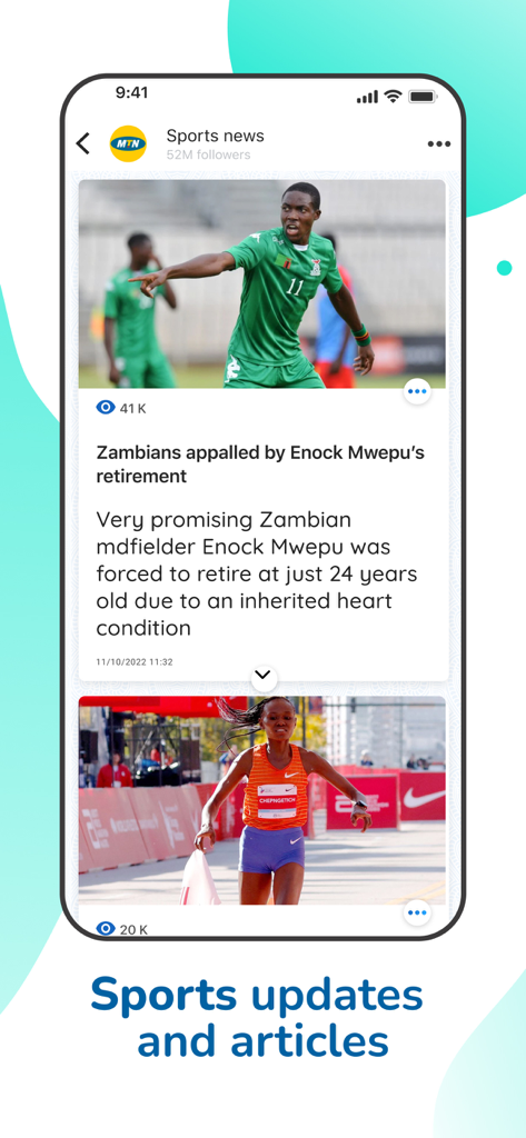 Ayoba app interface showing sports news updates and articles featuring African athletes