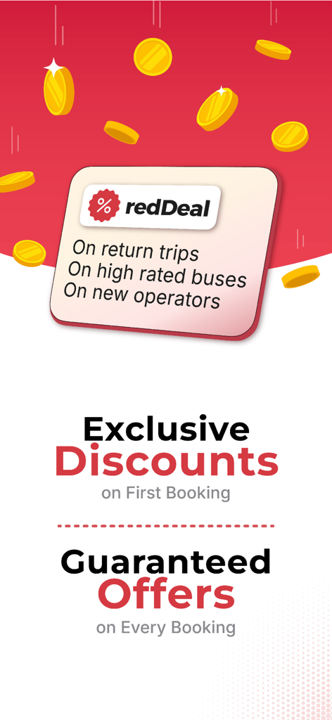 Promotional screen for the redBus app highlighting exclusive discounts and guaranteed booking offers