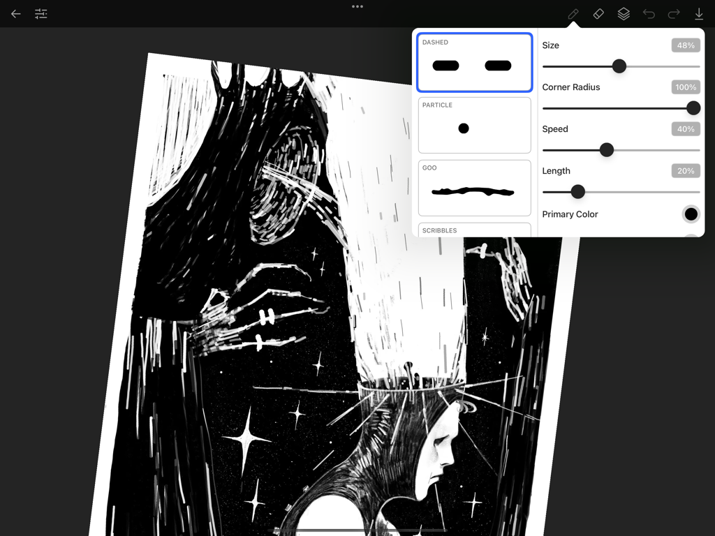 Interface do aplicativo AmberDraw mostrando configurações de pincel animado e uma ilustração digital no iPad.