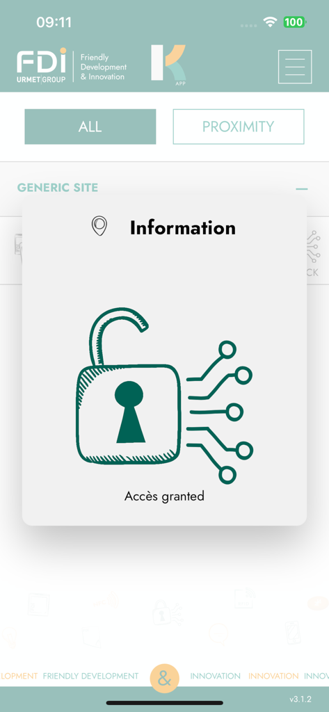 K-App screen showing an information popup with an open padlock icon and the message access granted