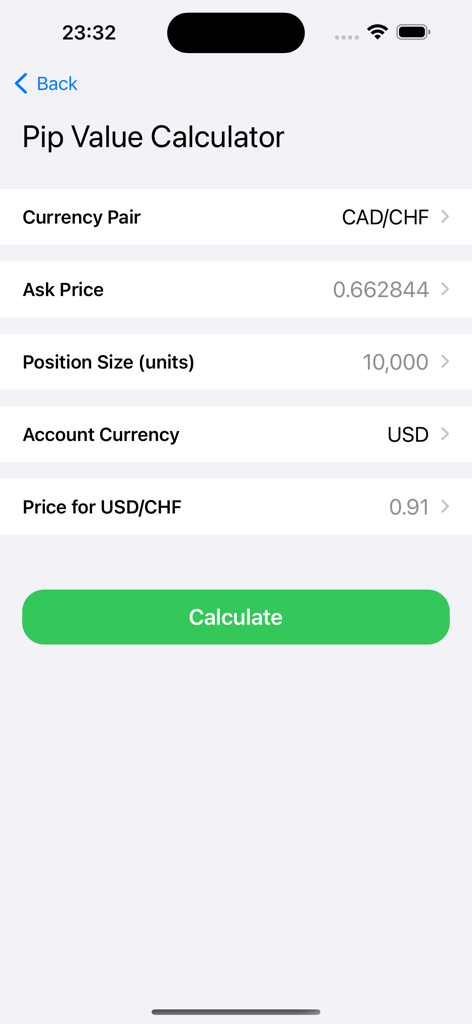 Forex Calculators for traders - User interface of the Pip Value Calculator in the Forex Calculators app showing input fields for currency pair and position size