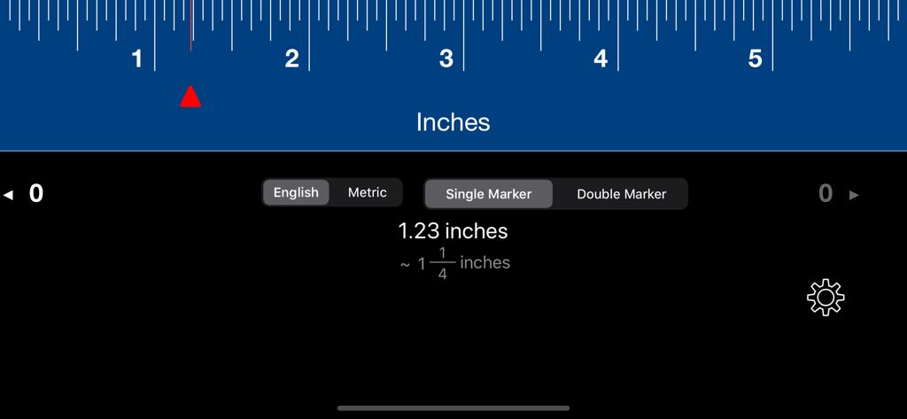 A digital ruler interface showing a measurement of 1.23 inches with a single marker and toggle options for English and Metric units.