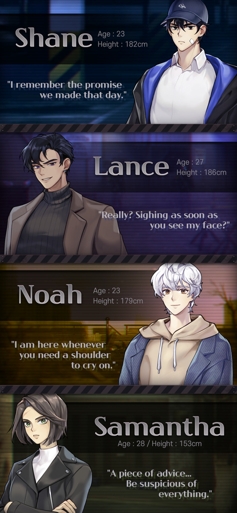 Havenless- Thriller Otome Game - Character profile cards for Shane Lance Noah and Samantha from the Havenless otome game.