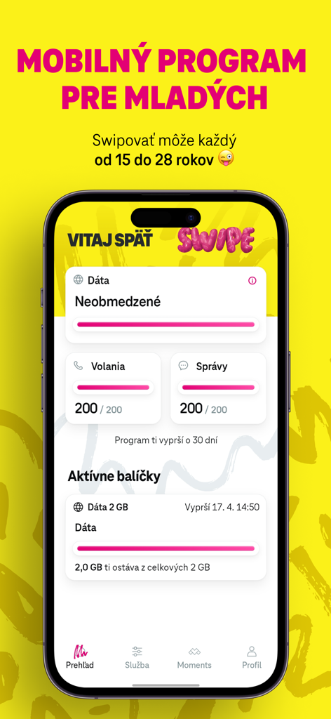 Pantalla de smartphone mostrando el panel de la app SWIPE con datos ilimitados y detalles del plan móvil activo.
