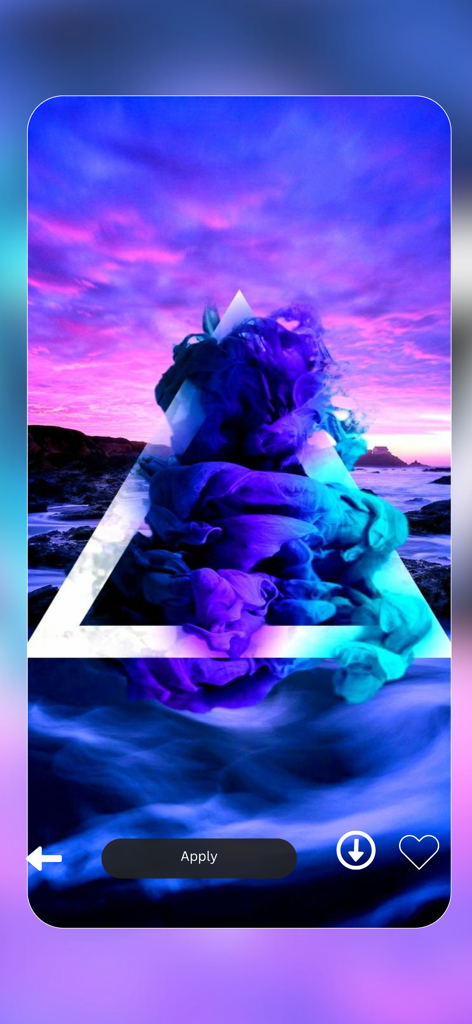 Vellum Wallpapers 4k - Fondo de pantalla artístico con un triángulo lleno de humo morado sobre una costa al atardecer en la aplicación Vellum Wallpapers