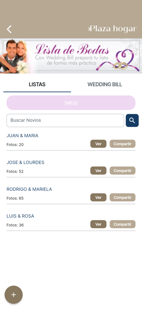 Plaza Hogar - Tela da lista de presentes de casamento no aplicativo móvel Plaza Hogar