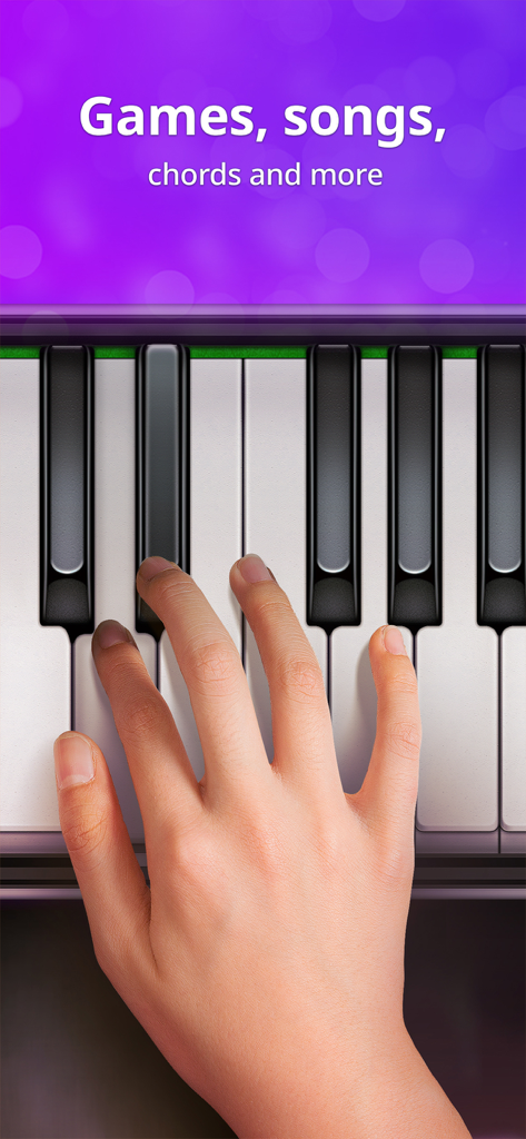 A hand playing keys on a virtual piano keyboard with a purple background