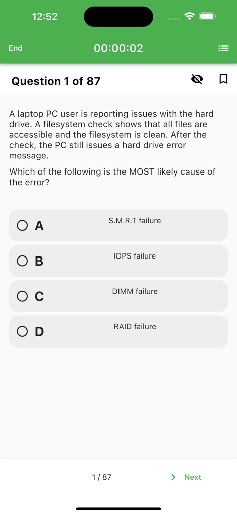 Ice Cert Engines - Mobile app interface showing a multiple choice IT certification practice question with a timer and progress tracker.