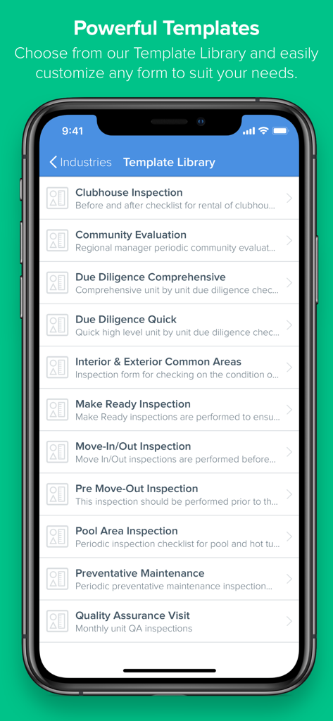 Template Library screen in the Inspections by HappyCo app showing property management inspection forms.