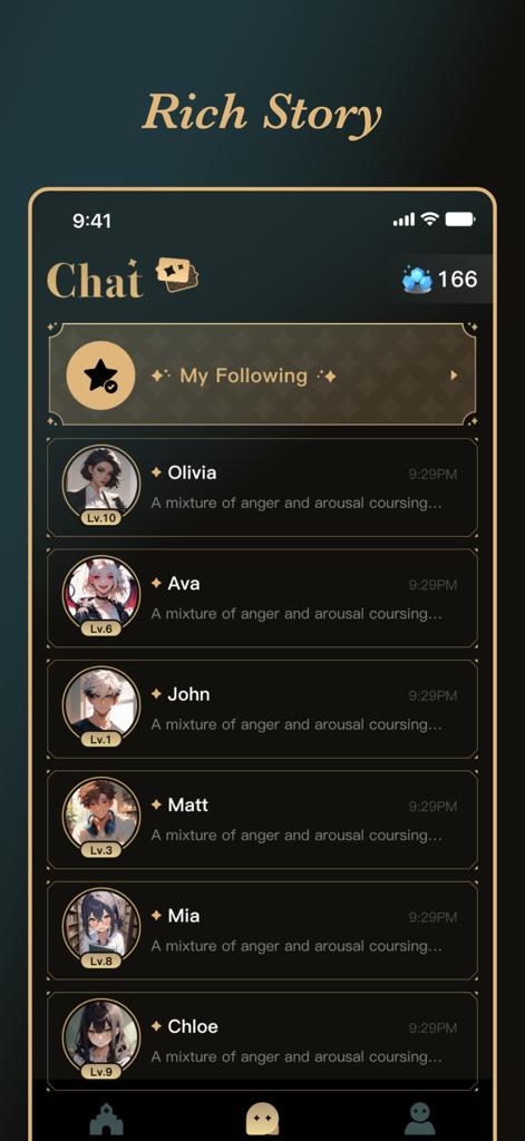 Sophie AI: Roleplay with AI - Mobile app screen showing a list of anime characters for interactive roleplay and stories