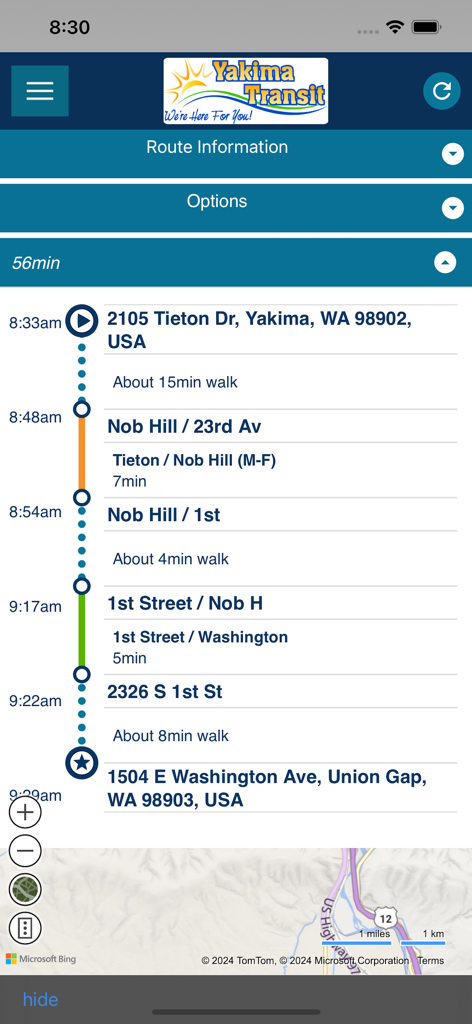 Yakima Transit - Écran de l'application Yakima Transit montrant l'itinéraire d'un bus avec les arrêts et les heures d'arrivée