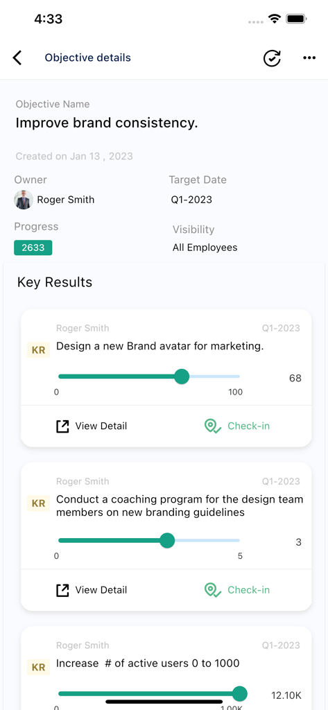 Pantalla de la aplicación Profit.co que muestra los detalles del objetivo y el seguimiento de resultados clave para la coherencia de la marca.