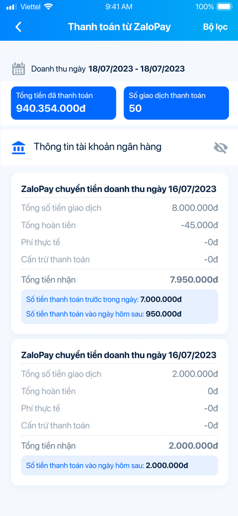ZaloPay Merchant - Interface do aplicativo ZaloPay Merchant exibindo relatórios de receita diária e estatísticas de transações
