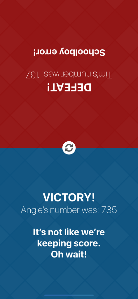 The Number Guessing Challenge - 한 기기에서 두 플레이어의 승패 결과를 보여주는 분할 화면.