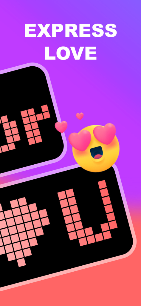 Pantalla de marquesina LED digital mostrando un corazón de arte de píxeles y la letra U con un emoji de ojos de corazón sobre un fondo degradado morado