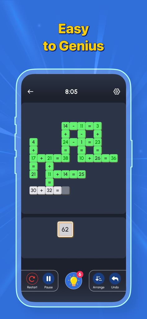 Cross Math: Brain Workout - Jugabilidad de Cross Math Brain Workout mostrando una cuadrícula de acertijos aritméticos con ecuaciones de suma y resta y el lema Fácil a Genio.