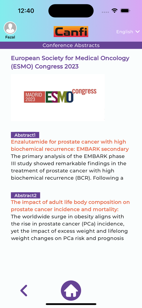 MSN Canfi - MSN Canfi app interface showing medical oncology research abstracts from the ESMO Congress 2023