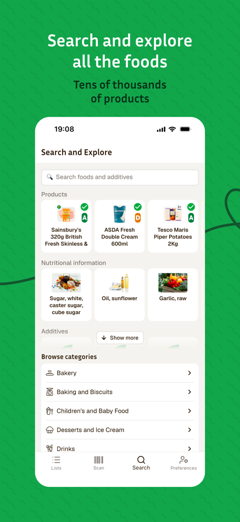 The Food App – Scan and swap - A mobile screen showing the search and explore section of The Food App with various food product categories and a search bar.